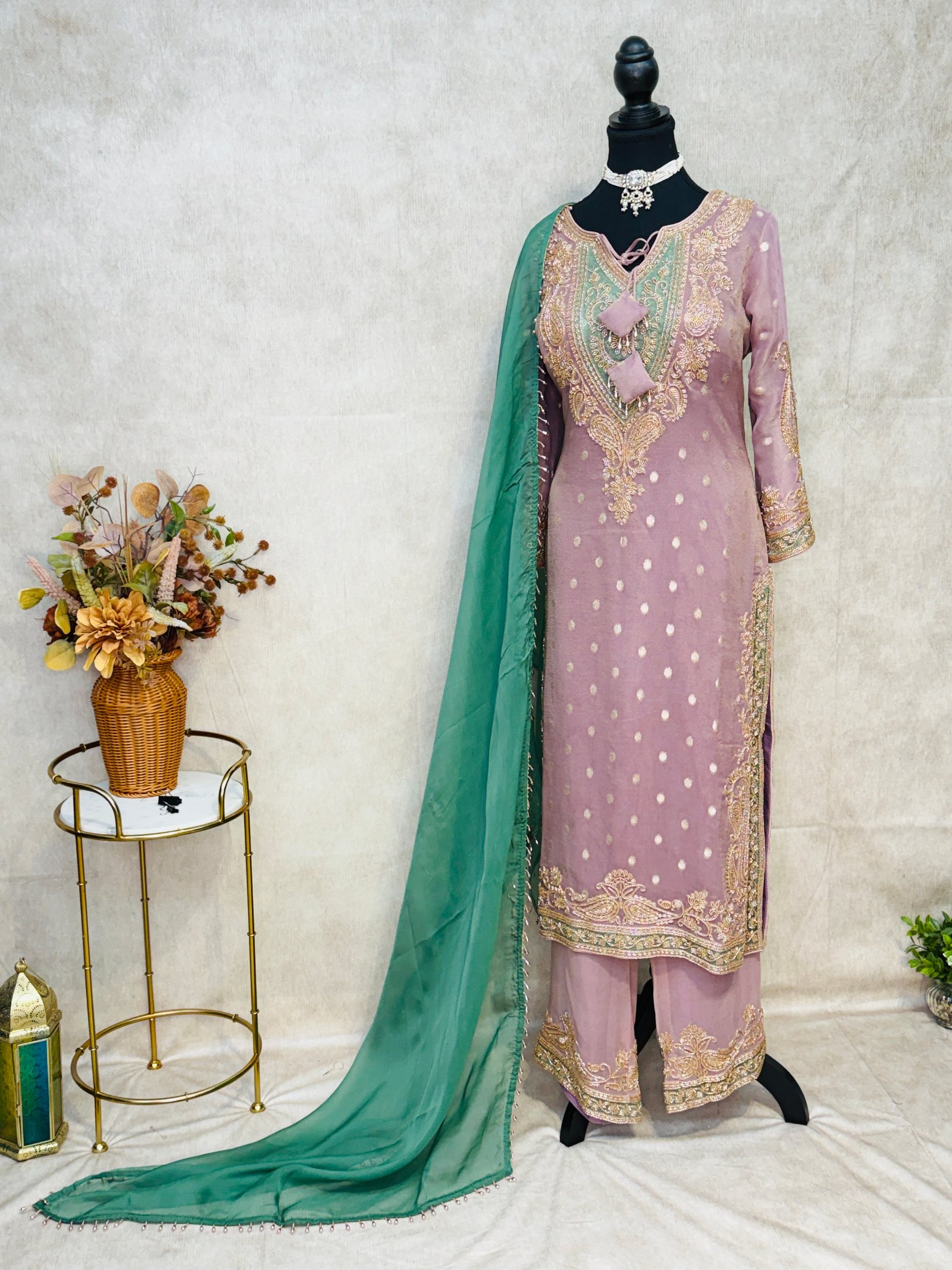 Dusty Mauve & Emerald Green Embroidered Suit Set